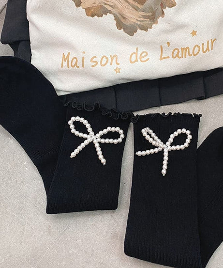 Autumn Chic: Faux Pearl Bowknot Ribbed Ruffle Knee-High Socks for Women