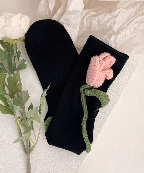 Charming Crochet Rose Black Knee-High Socks - Whimsical Fall & Holiday Style