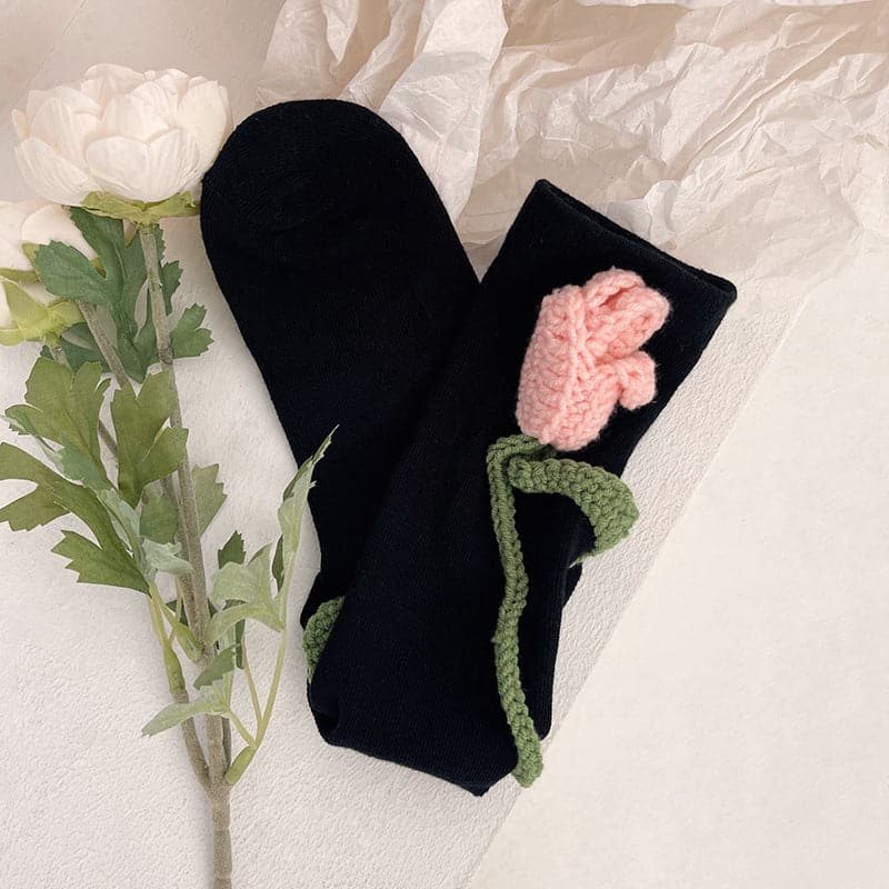 Charming Crochet Rose Black Knee-High Socks - Whimsical Fall & Holiday Style