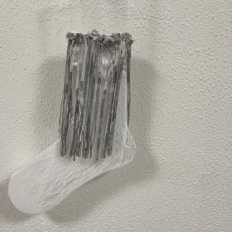 Dazzling Silver Fringe & Lace Ankle Socks – Your Ultimate Holiday Party Statement!