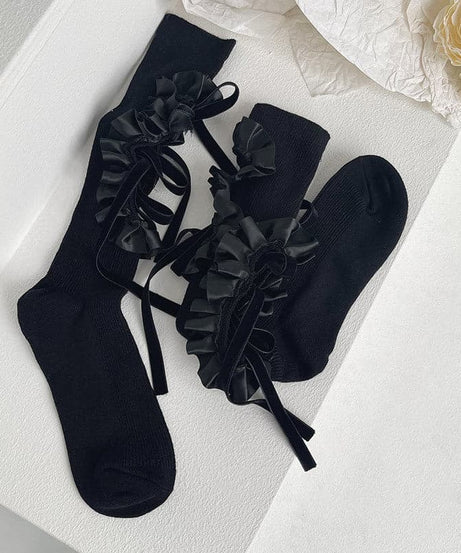 Vintage Chic Ruffled Bow Cut-Out Knee High Socks - Fall & Goth Academia Ready