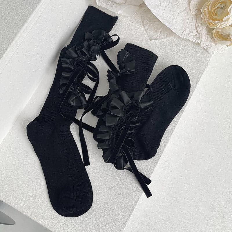 Vintage Chic Ruffled Bow Cut-Out Knee High Socks - Fall & Goth Academia Ready