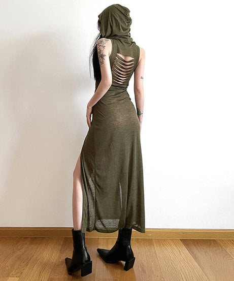 Effortless Fall Chic: Olive Green Cowl Neck Maxi Dress with Sassy Side Slits & Tie Waist