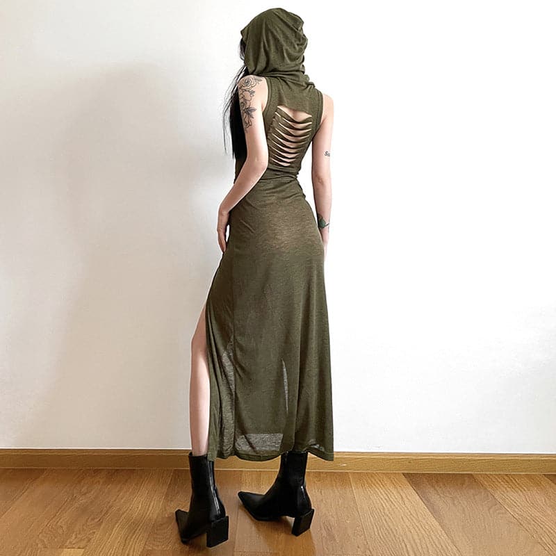 Effortless Fall Chic: Olive Green Cowl Neck Maxi Dress with Sassy Side Slits & Tie Waist
