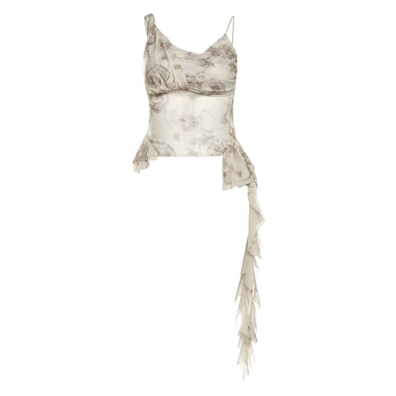 Chic Autumn Bloom Mesh Ruffle Cami Top - Romantic Asymmetrical Fall Style