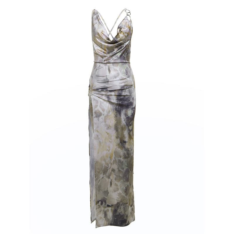 Chic Abstract Satin Cowl Neck Maxi Dress with O-Ring Back & High Slit - Fall & Holiday Party Ready