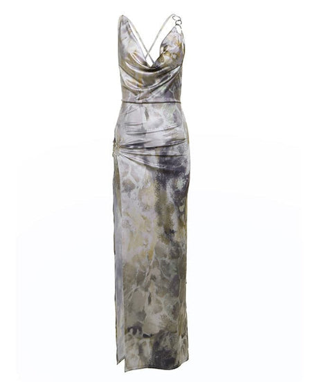 Chic Abstract Satin Cowl Neck Maxi Dress with O-Ring Back & High Slit - Fall & Holiday Party Ready