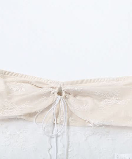 Dreamy Fall Elegance: Strapless Sweetheart Lace Maxi Set - Cream Two-Piece Skirt & Top for Enchanting Evenings