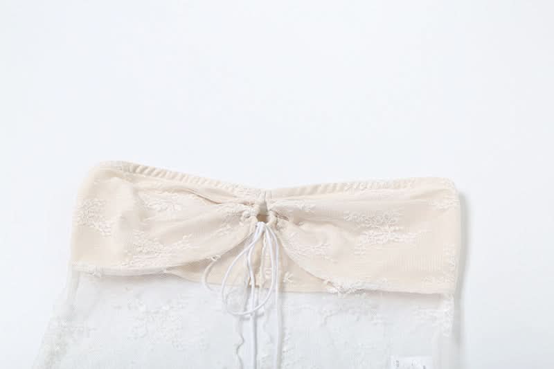 Dreamy Fall Elegance: Strapless Sweetheart Lace Maxi Set - Cream Two-Piece Skirt & Top for Enchanting Evenings