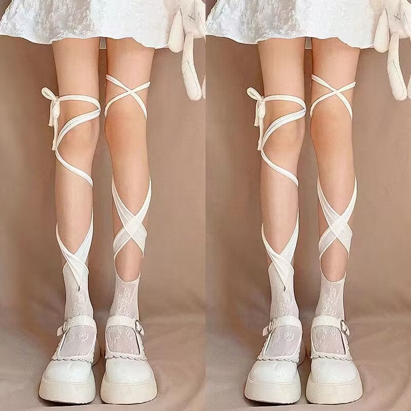 Chic Coquette Lace-Up Leg Wraps - Adjustable Self-Tie Balletcore & Goth Socks for Fall