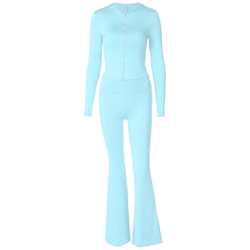 Fuchsia Flare Power: Y2K Zip-Up Hoodie & High-Rise Bell Bottom Set – Fall's Hottest Athleisure
