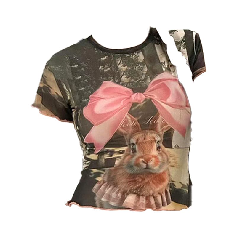 Whimsical Bunny & Pink Bow Mesh Top - Trendy Y2K Fall Style