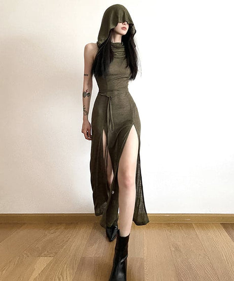 Effortless Fall Chic: Olive Green Cowl Neck Maxi Dress with Sassy Side Slits & Tie Waist