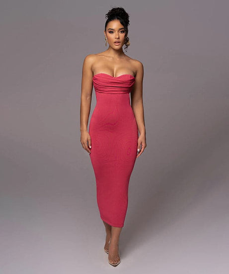 Fuchsia Ruched Sweetheart Bodycon Midi Dress - Elegant Fall & Holiday Party Attire