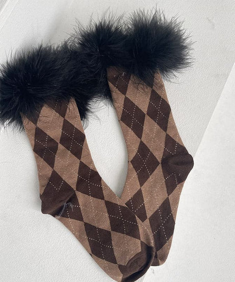 Cozy Fall Argyle & Faux Fur Statement Socks for Women