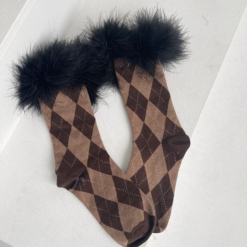 Cozy Fall Argyle & Faux Fur Statement Socks for Women