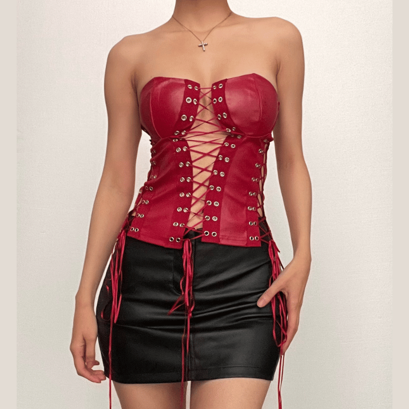 Sultry Red Faux Leather Lace-Up Corset Top - Your Edgy Statement for Fall & Halloween Nights