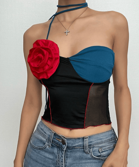 Dramatic 3D Rose Asymmetric Halter Crop Top - Edgy Patchwork Mesh for Fall Nights