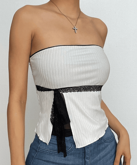 Chic Ribbed Lace Tube Top | Y2K Front Slit & Tie Detail for Fall Nights