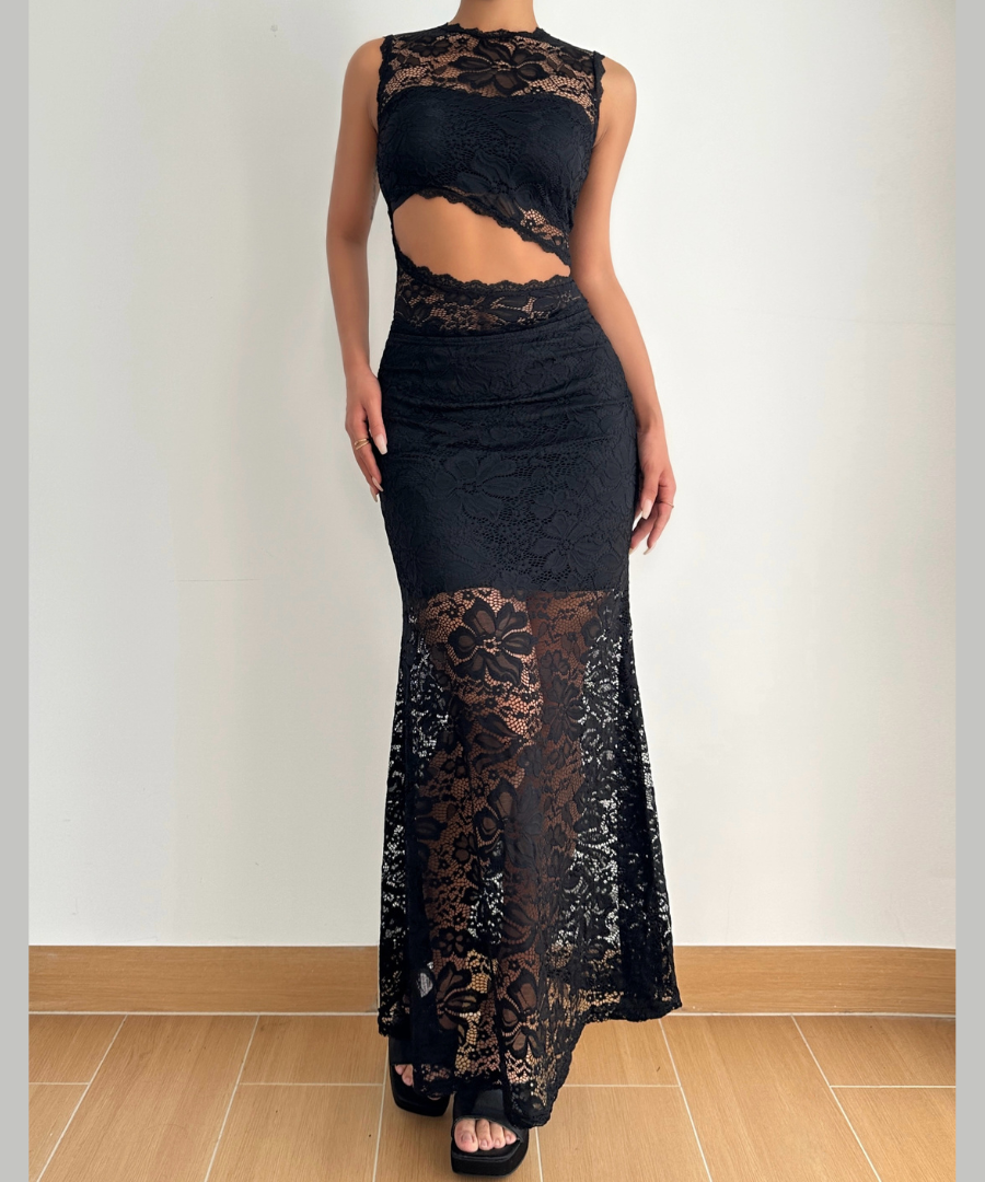 Sultry Black Lace Cutout Maxi Dress Set | Fall & Holiday Party Ready