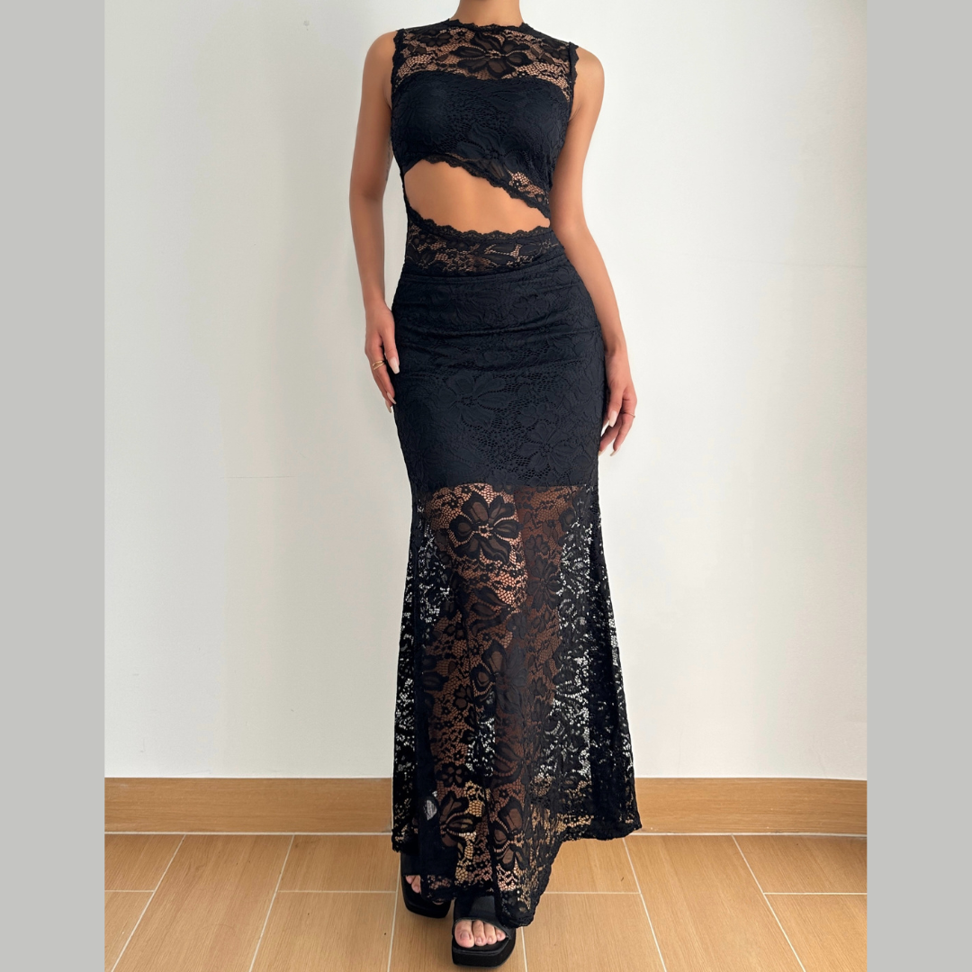 Sultry Black Lace Cutout Maxi Dress Set | Fall & Holiday Party Ready