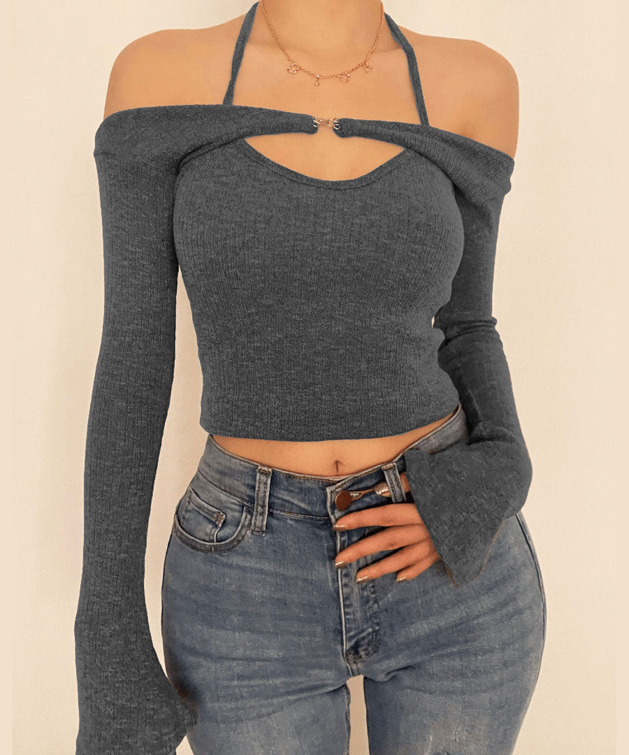 Effortless Fall Style: Halter Off-Shoulder Knit Top | Layered Look Bell Sleeve Sweater