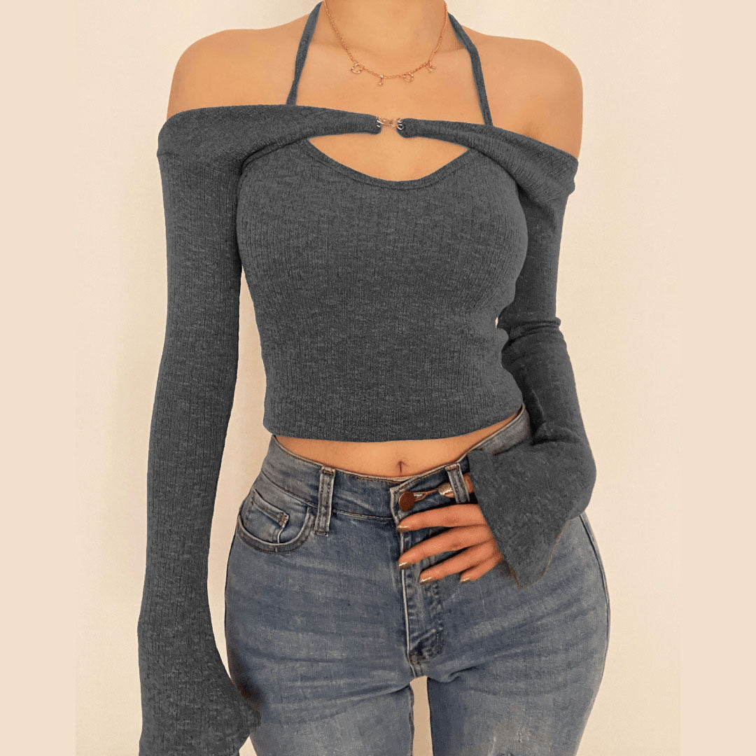 Effortless Fall Style: Halter Off-Shoulder Knit Top | Layered Look Bell Sleeve Sweater