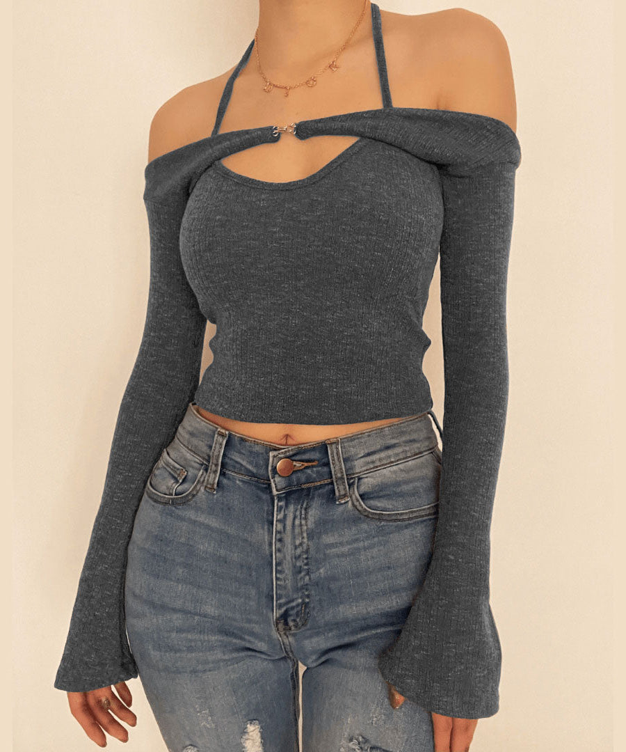 Effortless Fall Style: Halter Off-Shoulder Knit Top | Layered Look Bell Sleeve Sweater