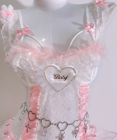 Dreamy Coquette 'Baby' Heart Pink Lace Ruffle Bodysuit - Perfect for Romantic Fall Nights