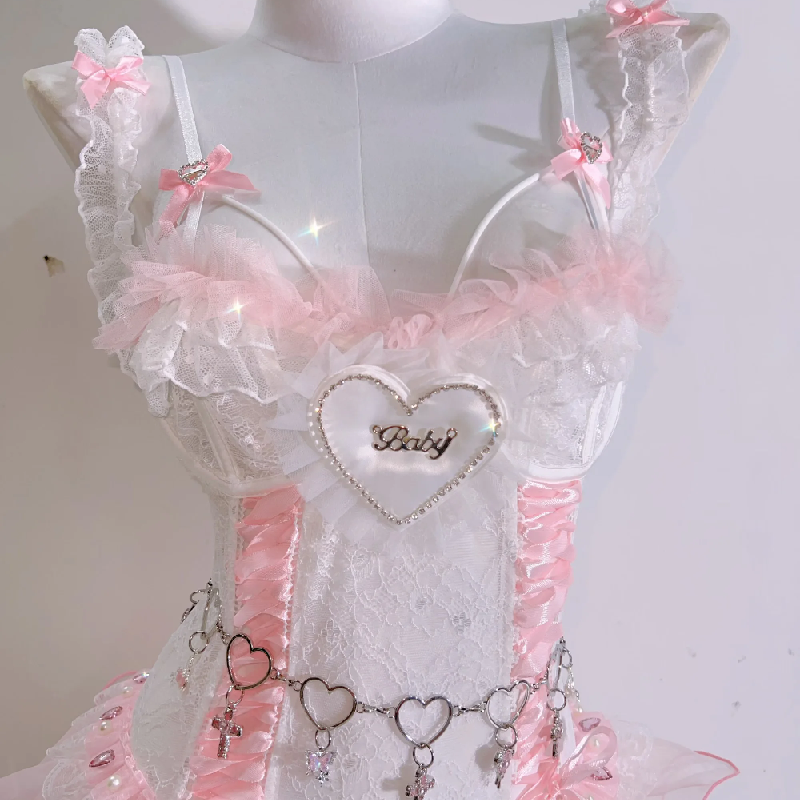 Dreamy Coquette 'Baby' Heart Pink Lace Ruffle Bodysuit - Perfect for Romantic Fall Nights