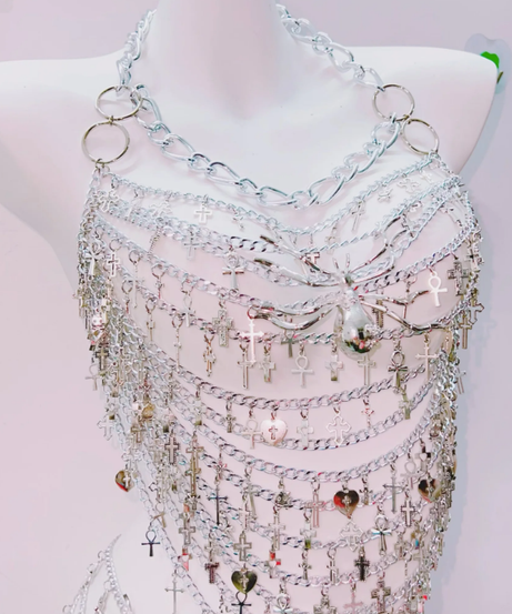 "Divine Rebel" Silver Chain & Cross Halter Mini Dress - Ultimate Halloween & Rave Glam