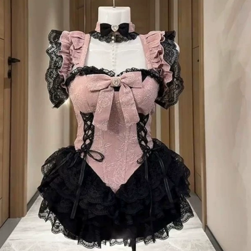 Enchanted Rose & Black Lace Corset Mini Dress - Perfect for Spooky Chic & Halloween