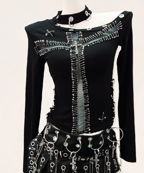 "Rebel Heart" Goth Safety Pin Cross Mesh Cut-Out Top - Edgy Halloween & Fall Statement