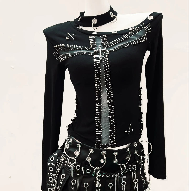 "Rebel Heart" Goth Safety Pin Cross Mesh Cut-Out Top - Edgy Halloween & Fall Statement