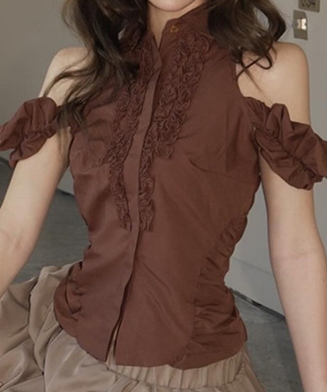 Autumn Chic: Ruffled Cold Shoulder Blouse - Rich Espresso Brown
