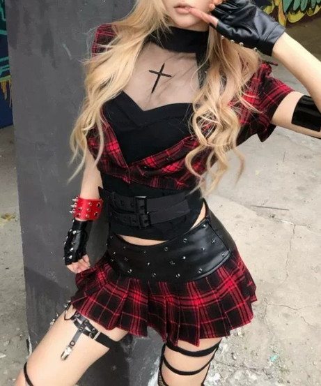 Rebel Chic Gothcore Plaid Pleated Mini Skirt 3-Piece Set - Edgy Fall & Halloween Fashion