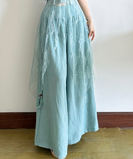 Ethereal Lace Overlay Wide-Leg Pants - High-Rise Flowy Palazzo for Fall Elegance