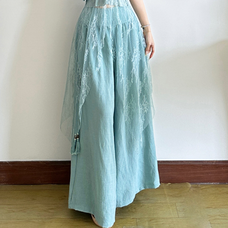 Ethereal Lace Overlay Wide-Leg Pants - High-Rise Flowy Palazzo for Fall Elegance