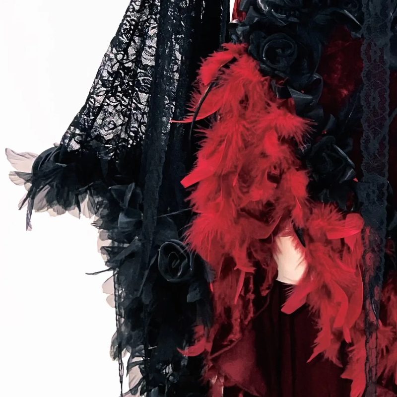 Vampire Queen Velvet Lace Feather Gown - Deluxe Halloween & Masquerade Ball Dress