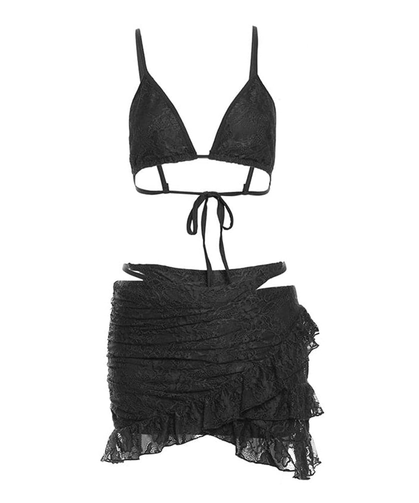 Sultry Chocolate Lace Halter Top & Cutout Mini Skirt Set - Edgy Y2K Party & Halloween Vibe