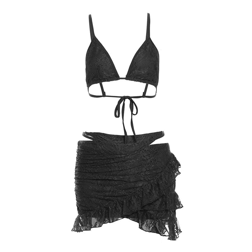 Sultry Chocolate Lace Halter Top & Cutout Mini Skirt Set - Edgy Y2K Party & Halloween Vibe