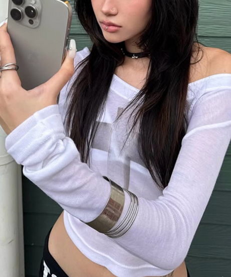 Spooky Chic Y2K Off-Shoulder Sheer Cross Crop Top - Long Sleeve Grunge Streetwear Essential