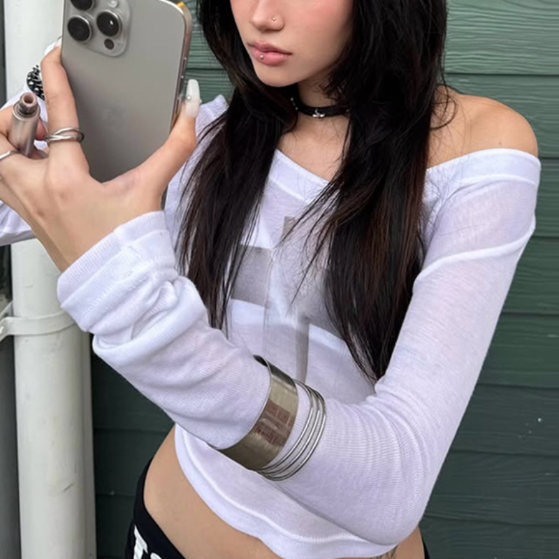 Spooky Chic Y2K Off-Shoulder Sheer Cross Crop Top - Long Sleeve Grunge Streetwear Essential