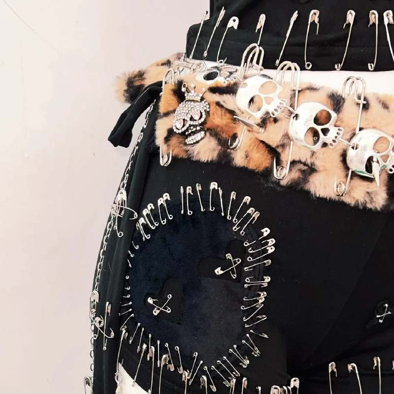 Rebel Heart Leopard & Skull Safety Pin Halter Top & Shorts Set - Ultimate Halloween & Festival Outfit