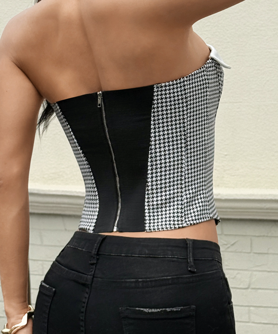 Autumn Chic Houndstooth Collar Corset Top - Strapless & Trendy