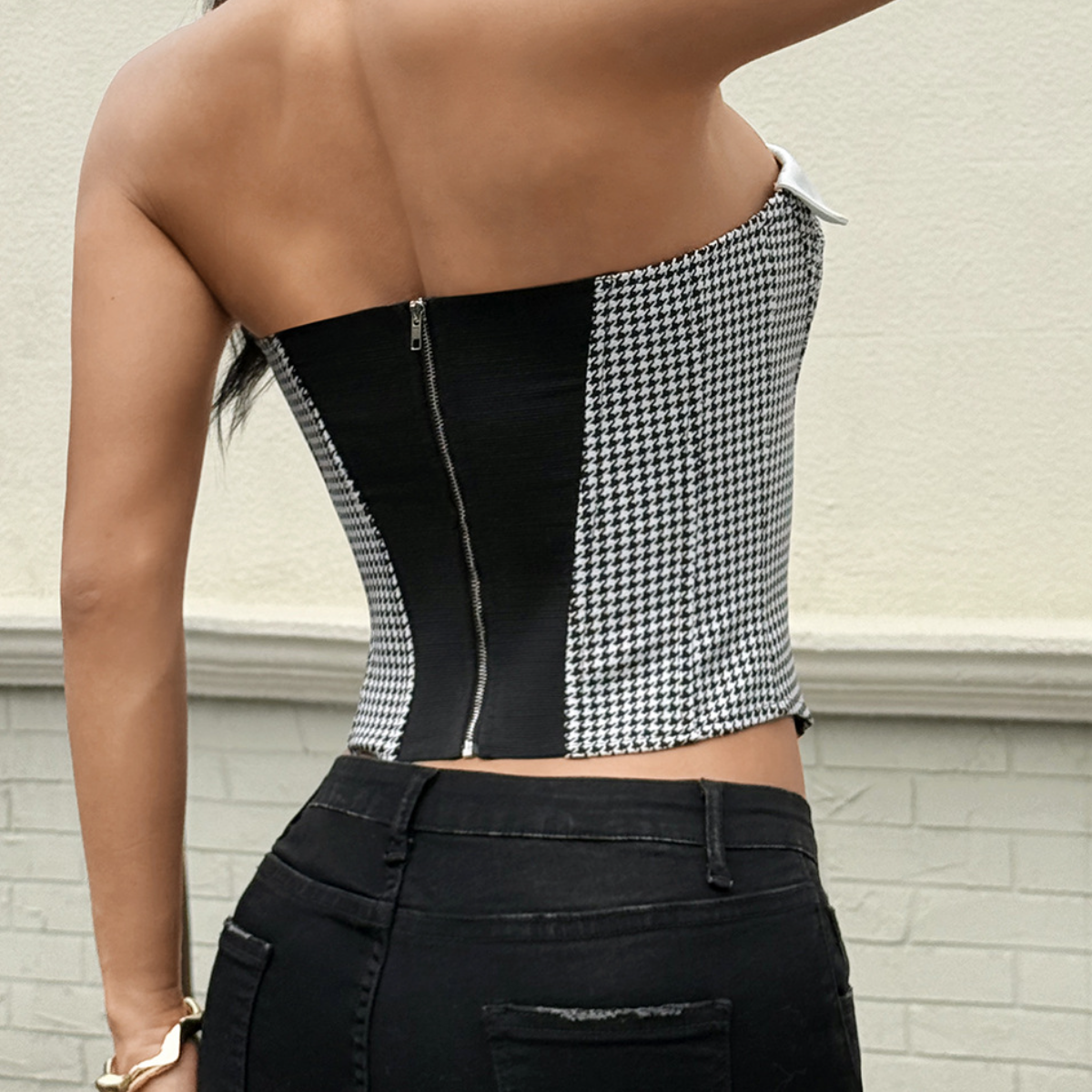 Autumn Chic Houndstooth Collar Corset Top - Strapless & Trendy