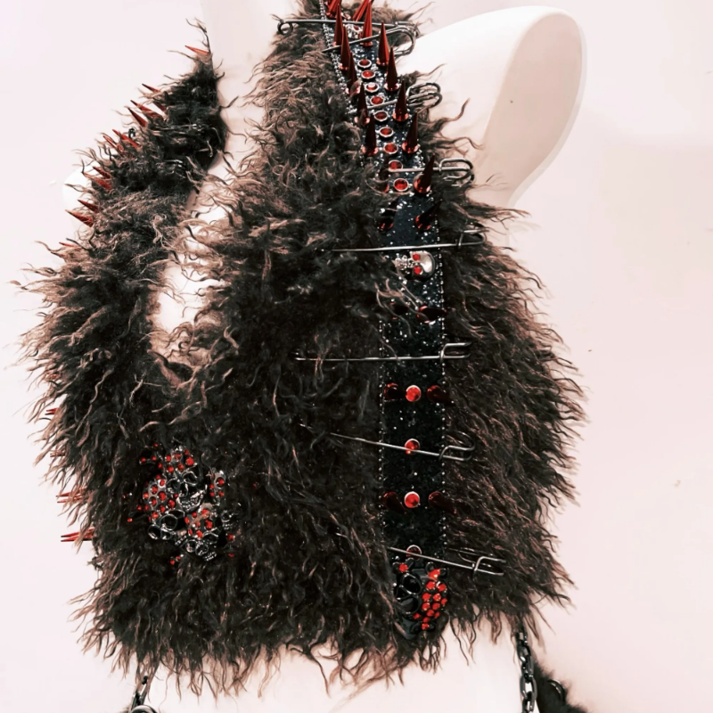 Rebellious Spiked Faux Fur Two-Piece Set: Goth Skull Crop Top & Mini Skirt for Halloween & Raves