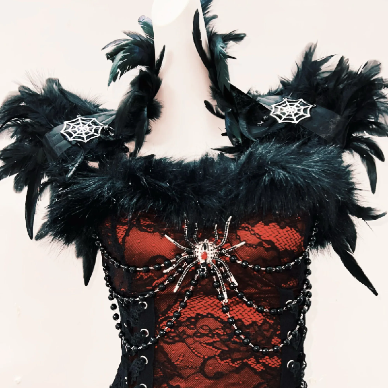 Gothic Glamour Feathered Spiderweb Lace Maxi Dress - Ultimate Halloween & Dark Romance Statement