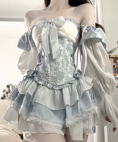 Autumn Enchantress Corset Mini Dress | Off-Shoulder Ruffle & Bow | Fairycore Dream