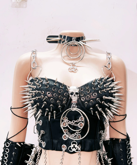 Unleash Your Inner Rebel: Spiked & Chained Gothcore Faux Leather Set - Halloween & Concert Ready